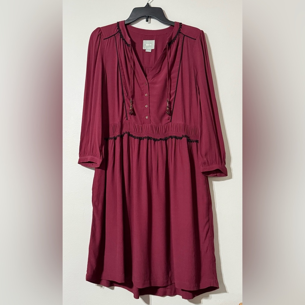 Boho Anthropologie Maeve Burgundy Wine Tassel Peasant Dress Small